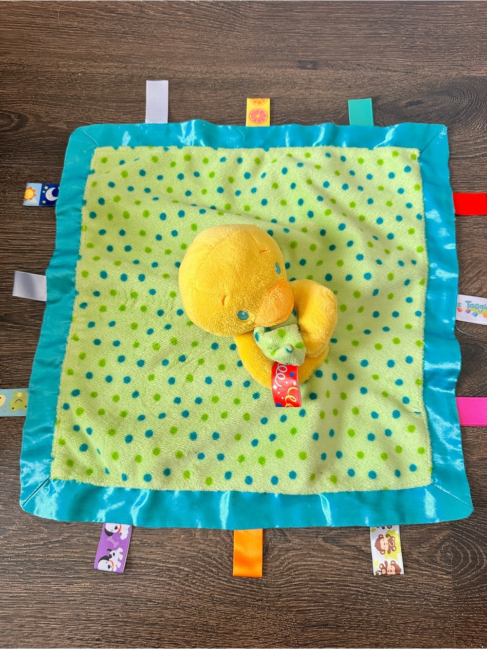 Taggies Blanket  Yellow Duck Polka Dot Satin Baby Security Lovey Plush 14" Soft